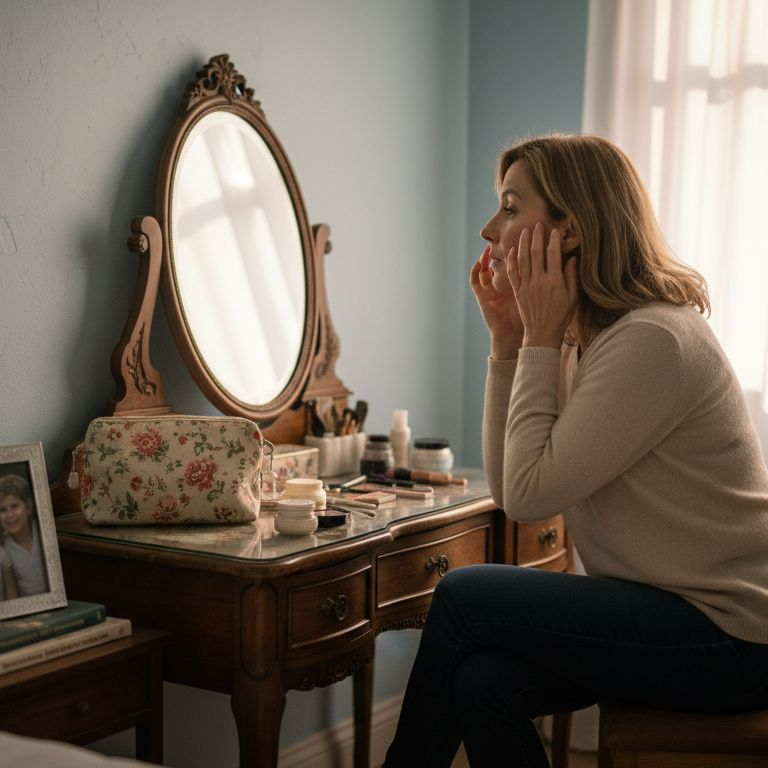 Woman examining fine lines by vanity mirror