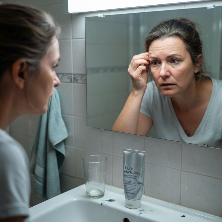 Woman examining forehead wrinkles in mirror
