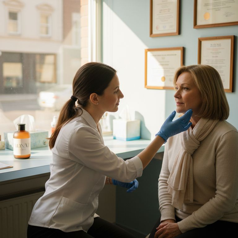 Middle-aged woman receives wrinkle filler consultation