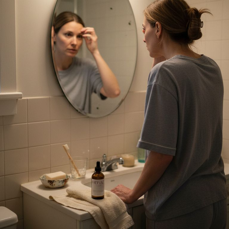 Woman checking forehead for glabellar lines