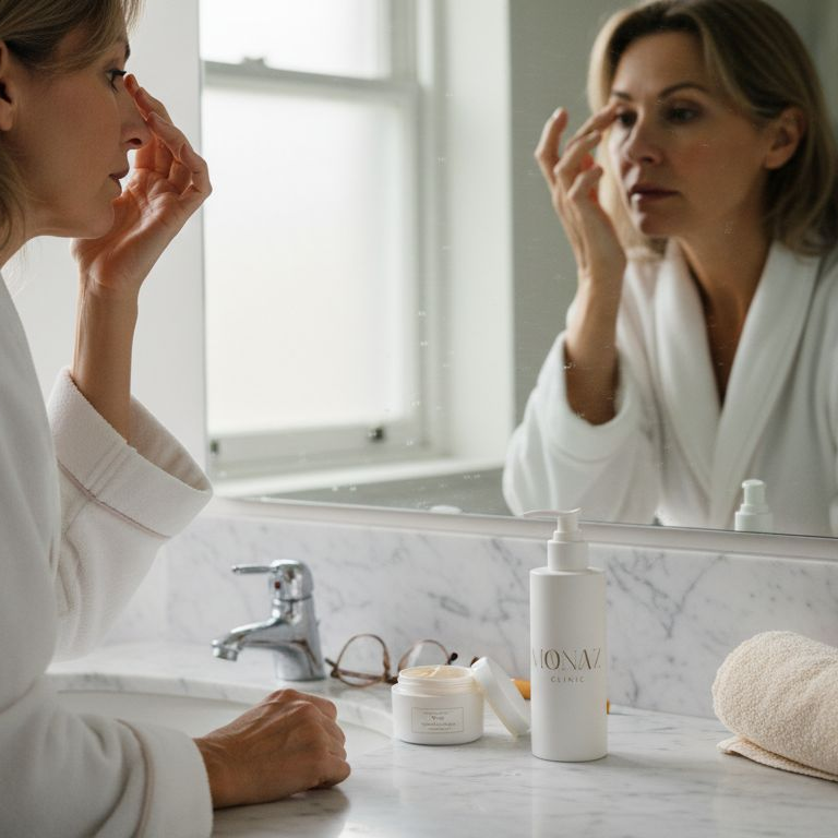 Woman in robe examining facial wrinkles in mirror