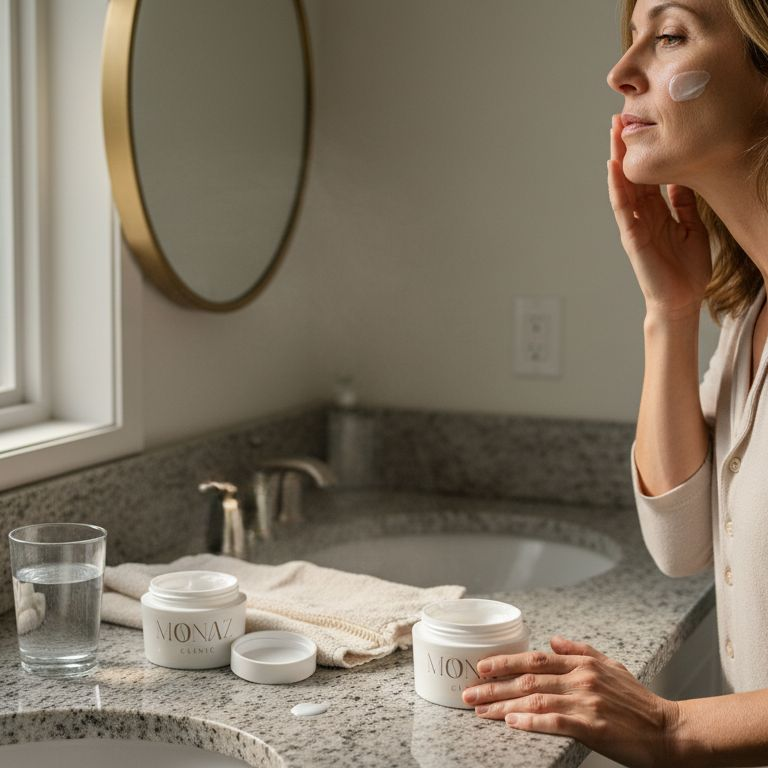 Woman applying anti-wrinkle cream in bathroom