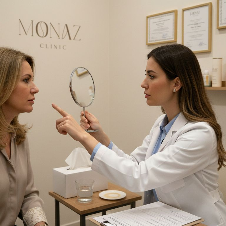 Patient and dermatologist discuss nasolabial fold treatment