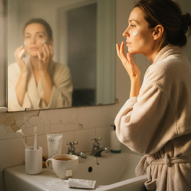 Woman applying anti-wrinkle cream in real bathroom