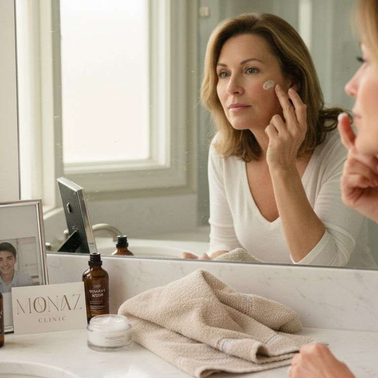 Woman applies anti-wrinkle cream in bright bathroom