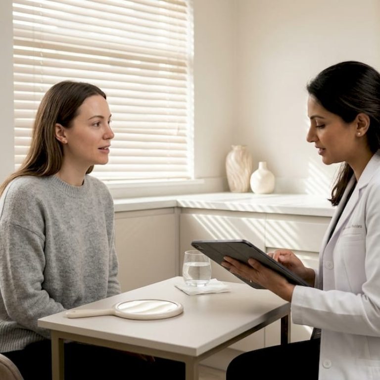 Woman consulting practitioner at skincare clinic