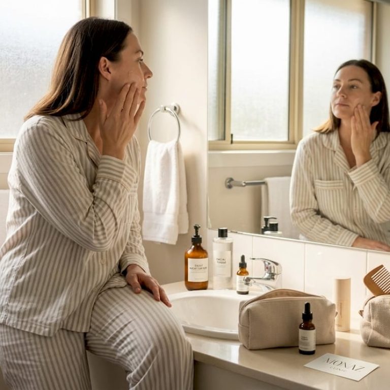 Woman massaging moisturizer in sunlit bathroom