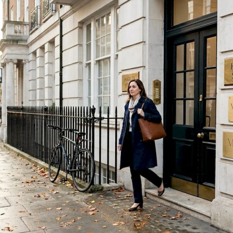 Woman leaving Harley Street clinic entrance