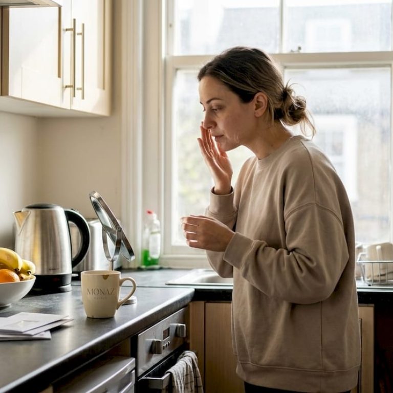 Woman caring for skin in kitchen morning light
