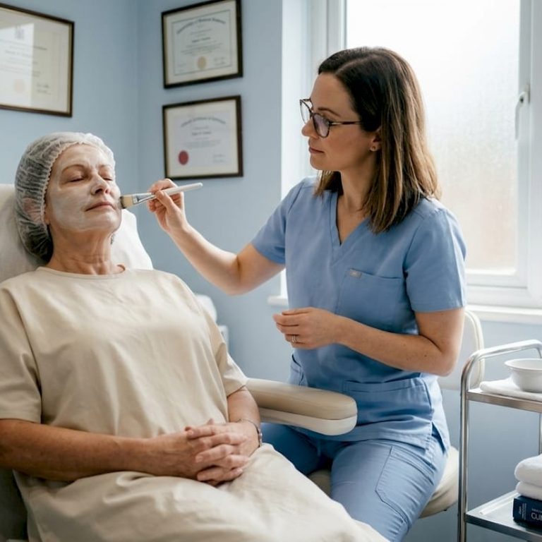Dermatologist applying facial in clinical setting
