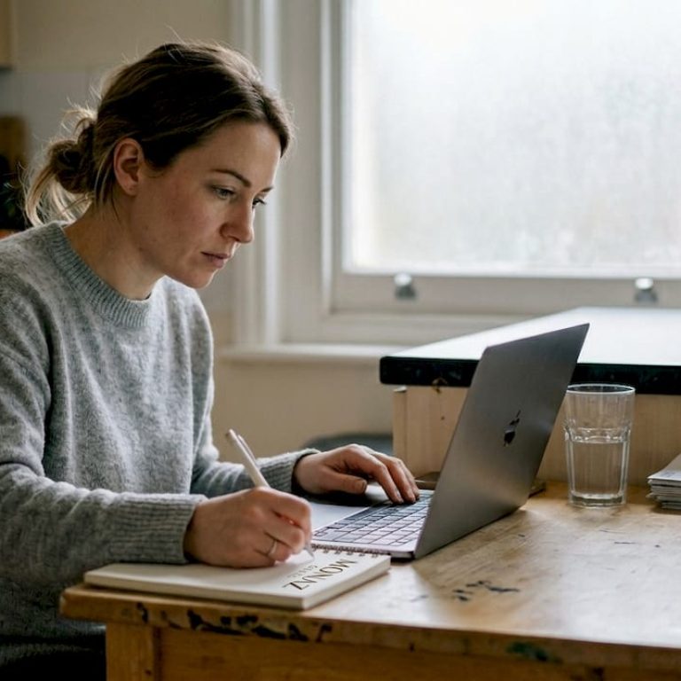 Woman researching facial aesthetics clinics at kitchen table