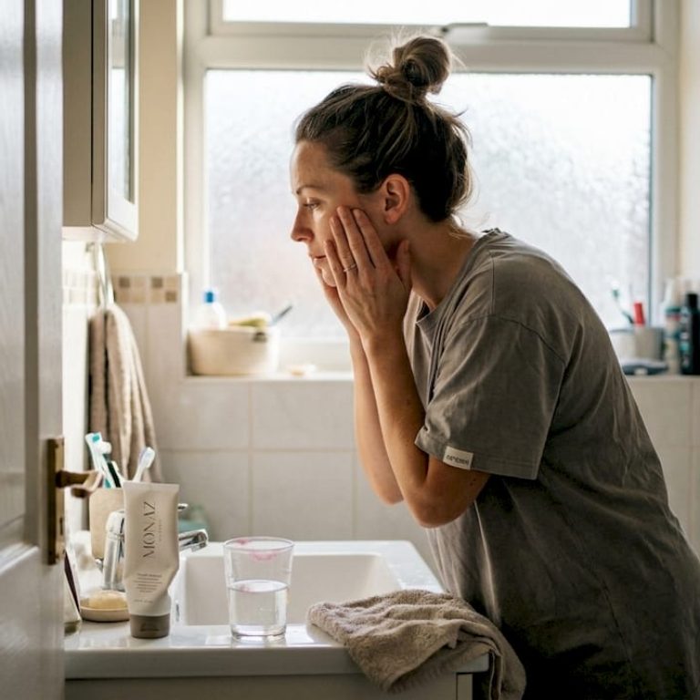 Woman patting face after morning skincare