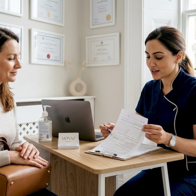 Nurse consulting client in London aesthetics clinic