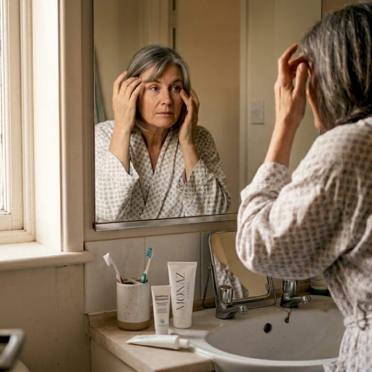 Woman checking for crow’s feet in home bathroom