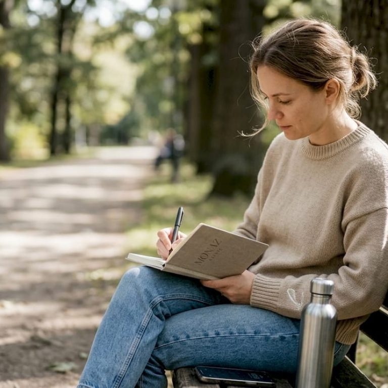 Woman reflecting on aesthetic confidence outdoors
